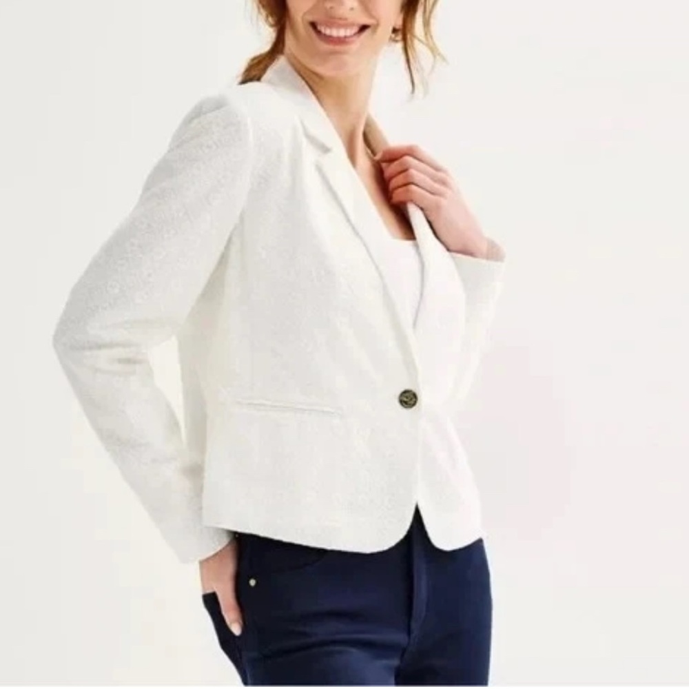 NWT Defect Draper James RSVP Woven Textured White seersucker Casual Blazer Sz S